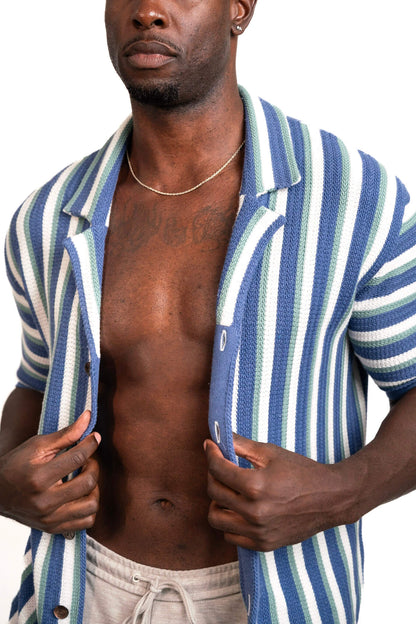 Hand-Woven Button-Up Shirt | Organic Cashmere Cotton Blend | Midnight Blue, Sage & Cream