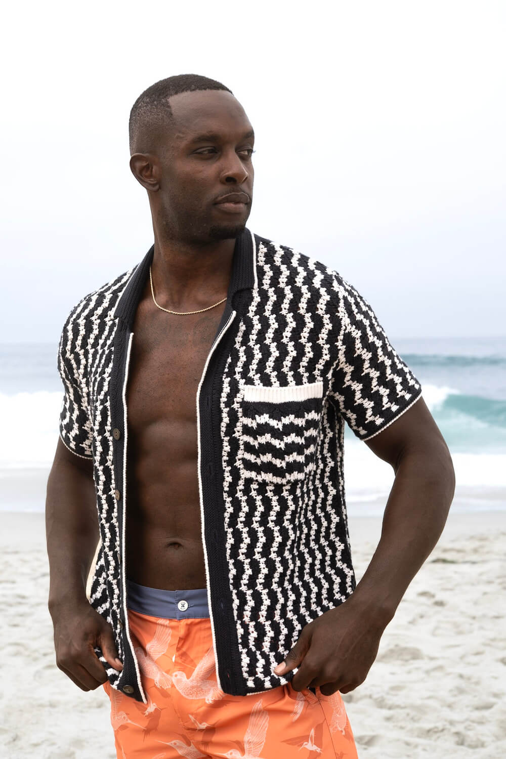 Crochet Button-Up Shirt | Organic Cashmere Cotton Blend | Navy & White