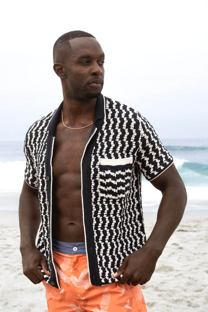 Crochet Button-Up Shirt | Organic Cashmere Cotton Blend | Navy & White