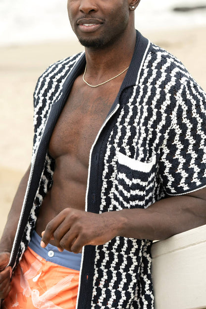 Crochet Button-Up Shirt | Organic Cashmere Cotton Blend | Navy & White